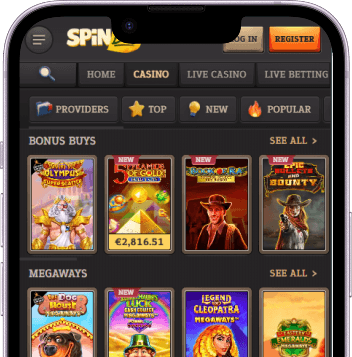 SpinBoss spellenlobby met slots en live casinospellen